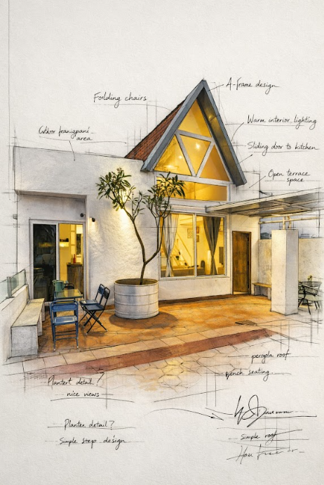 Studio apartment Indiranagar — exterior concept with terrace and A-frame detail