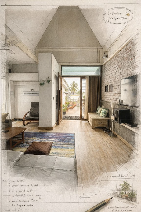 Studio apartment Indiranagar — interior perspective toward terrace