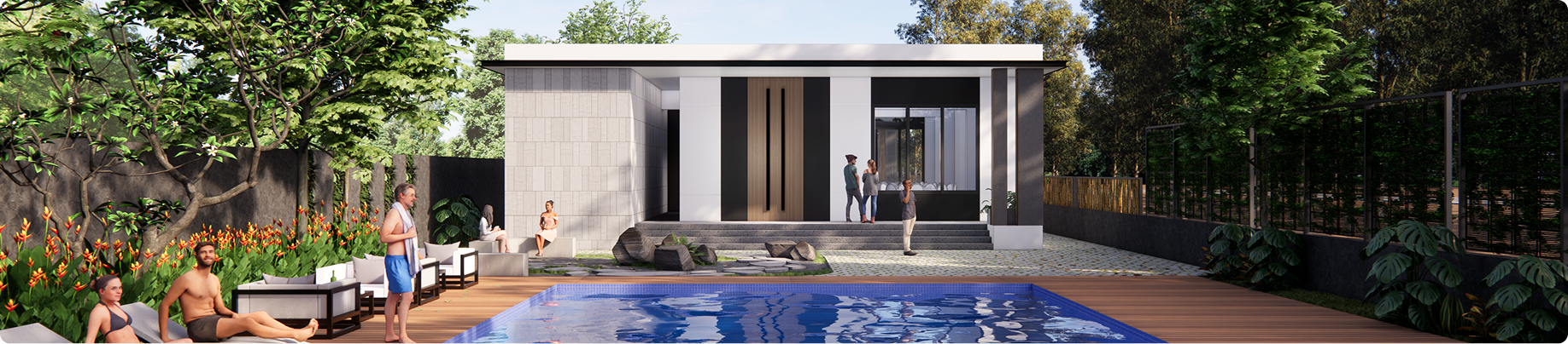 Northern Lights — modern villa with pool, wood deck, lounge seating, and landscaped surroundings