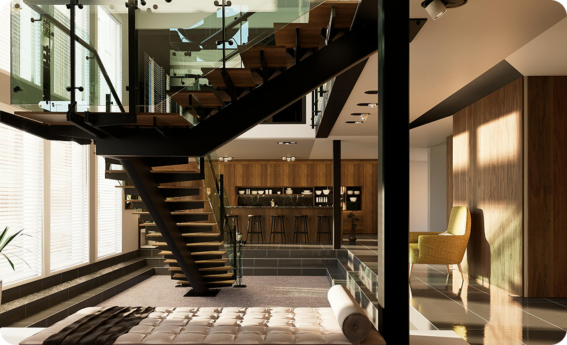 Warm contemporary café interior with wood tables, chairs, and tall windows