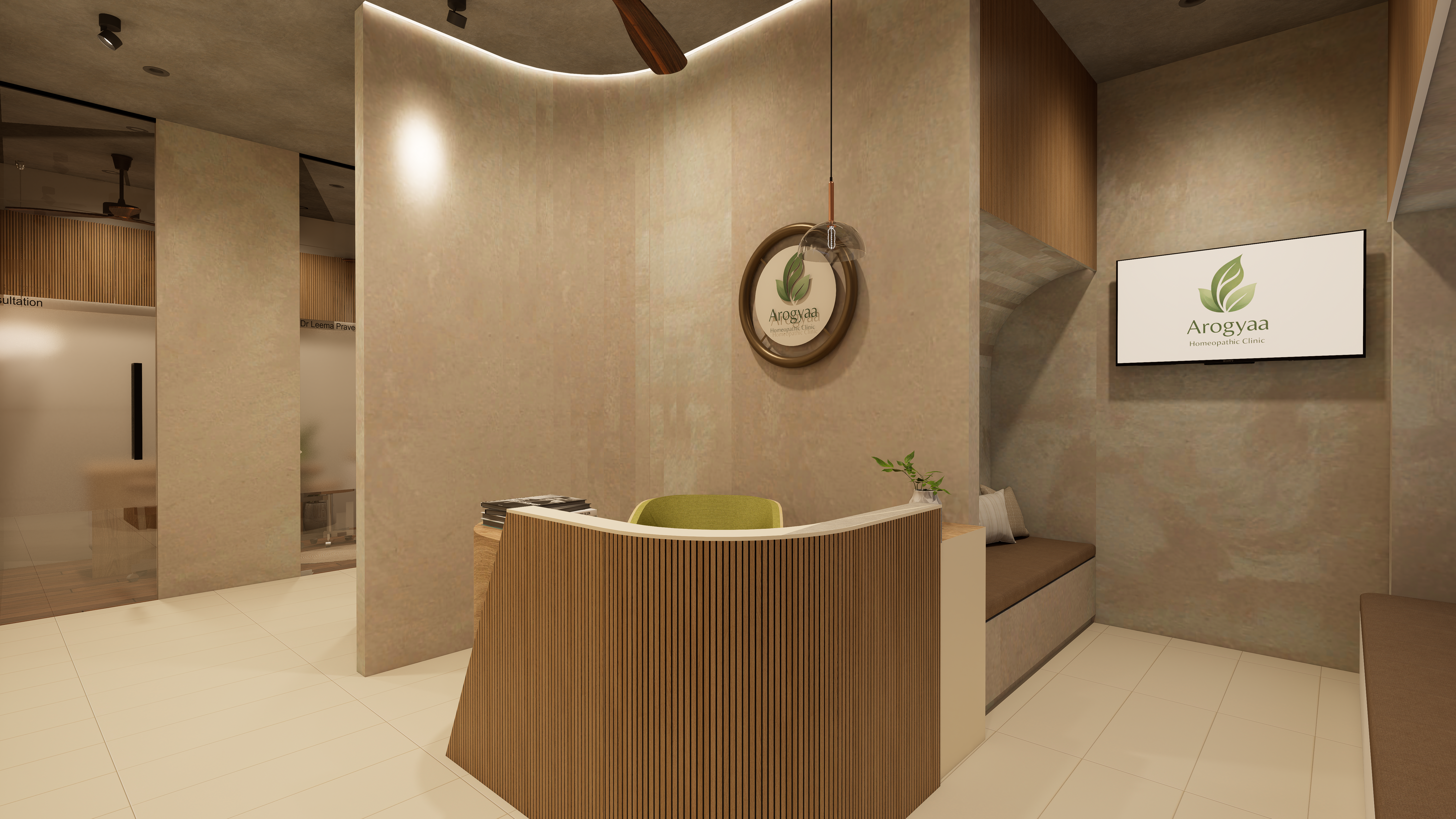 Arogyaa Homeopathic Clinic reception with curved wood-slat desk, warm lighting, and textured stone walls