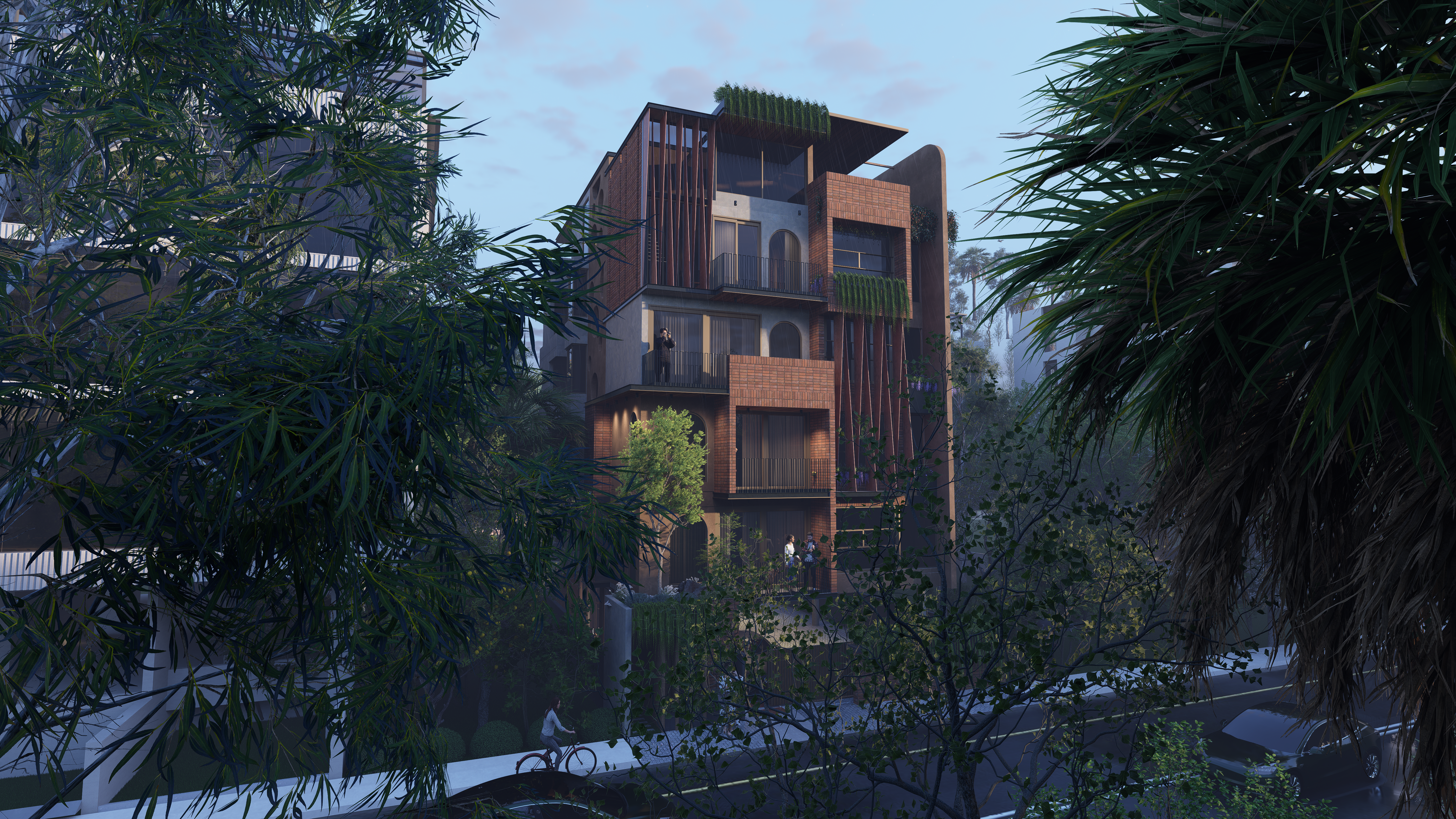 Modern residential architecture with layered facade and evening lighting