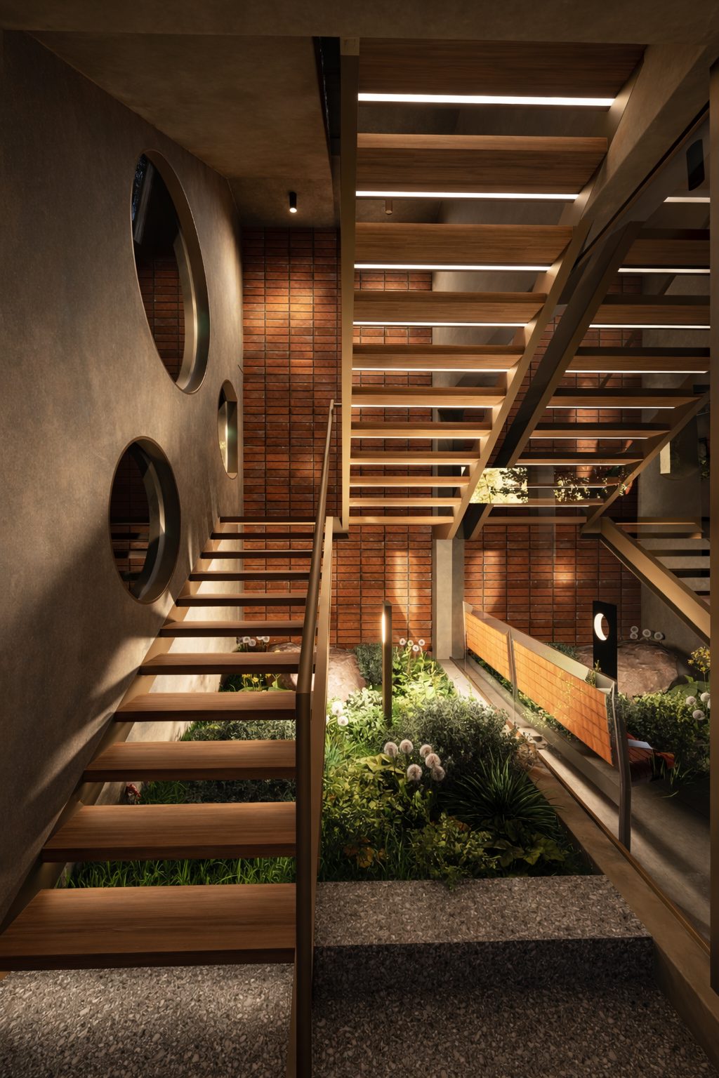 Modern interior with floating wooden stairs, brick wall, circular windows, and indoor garden
