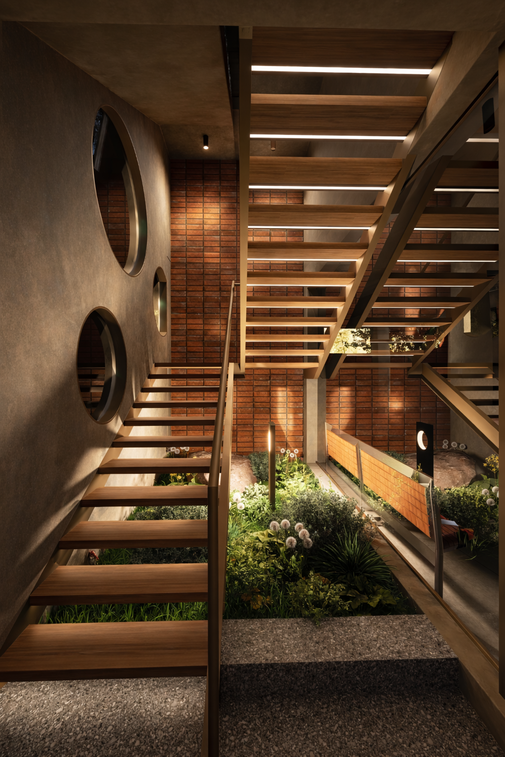 Modern interior with floating wooden stairs, brick wall, circular windows, and indoor garden