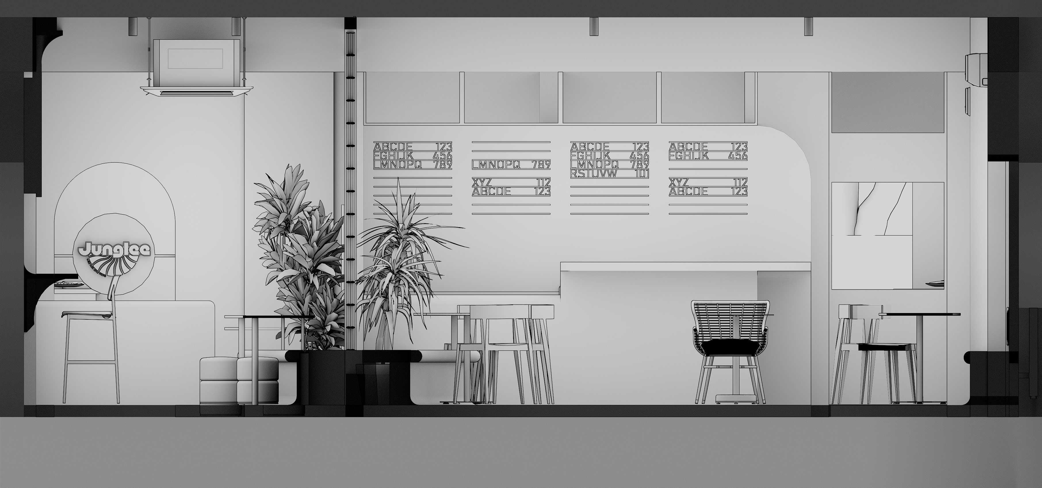 Junglee cafe interior section drawing with seating, menu board, and planting