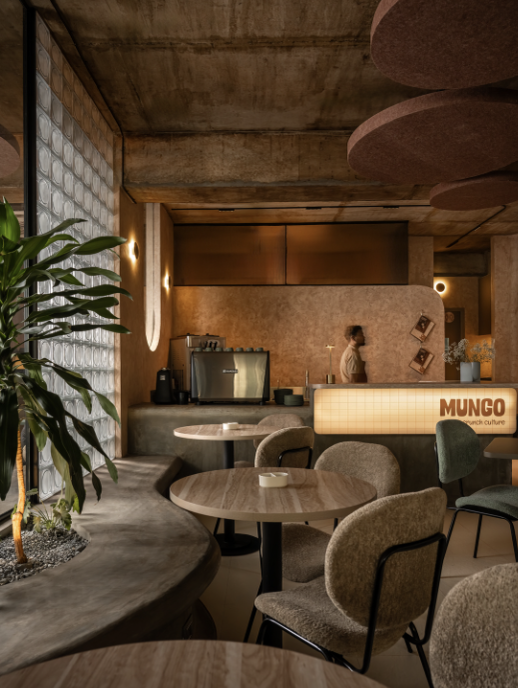 Warm retail interior with branded counter, shelving, and soft lighting