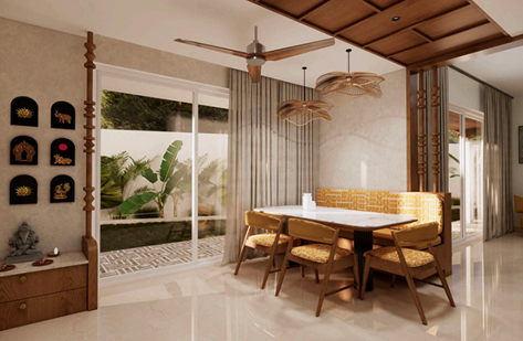 Dining room with marble table, patterned banquette, and sliding doors to a garden