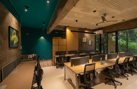Open-plan office with teal walls, wood desks, concrete ceiling, and windows to greenery