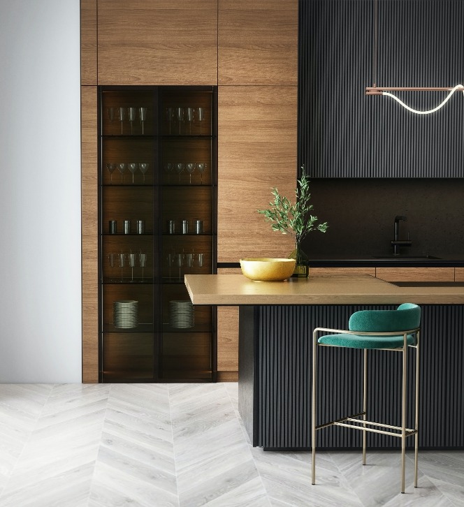 Interior feature with layered copper pendant lighting