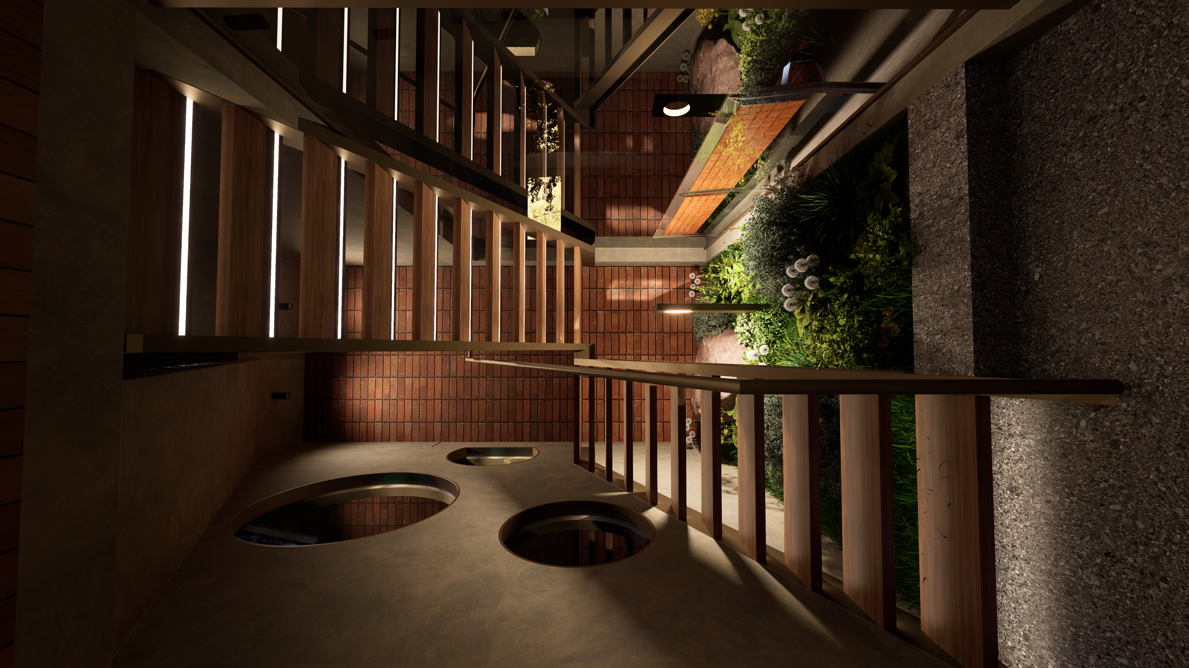 Warm dining interior with wood ceiling and patterned seating
