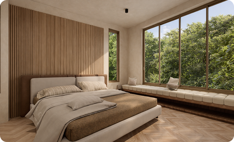 Modern bedroom interior with wood slat feature wall, natural light, and garden view
