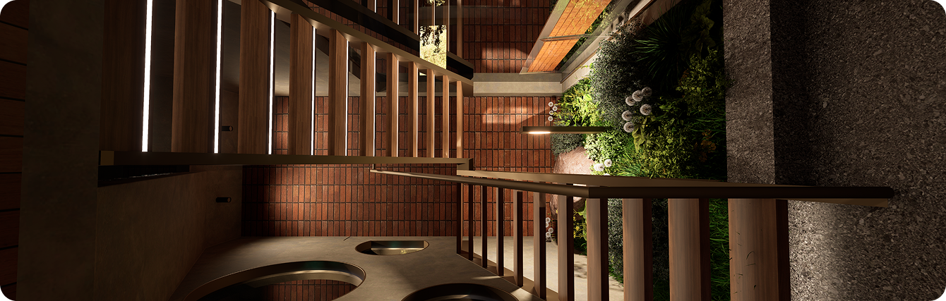 Panoramic interior with wood slat screens, integrated lighting, brick wall, and indoor planting