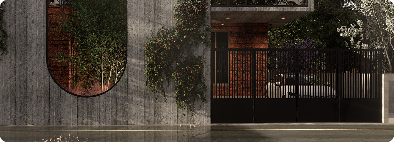 Modern residential entrance with board-formed concrete wall, brick, metal gate, and landscaped greenery